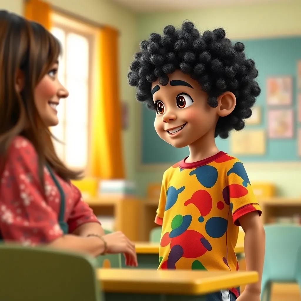 A young Arab boy, Emad, with curly black hair wearing a colorful t-shirt and shorts, talking to a teacher, a smiling Arab woman with long hair wearing a casual dress, in a colorful classroom, friendly interaction, soft light, warm tones, inviting mood, high quality