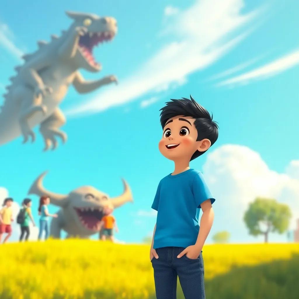 A young boy, Ali, with short black hair, wearing a blue t-shirt and jeans, telling his friends about a fantastic monster under a clear blue sky, cheerful atmosphere, colorful illustration, playful spirit, child-friendly