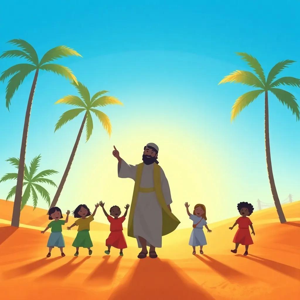 A silhouette of Prophet Muhammad leading a group of excited children in the desert, surrounded by palm trees, clear blue sky, symbolic, child-friendly style, vibrant colors, adventure, digital painting, uplifting