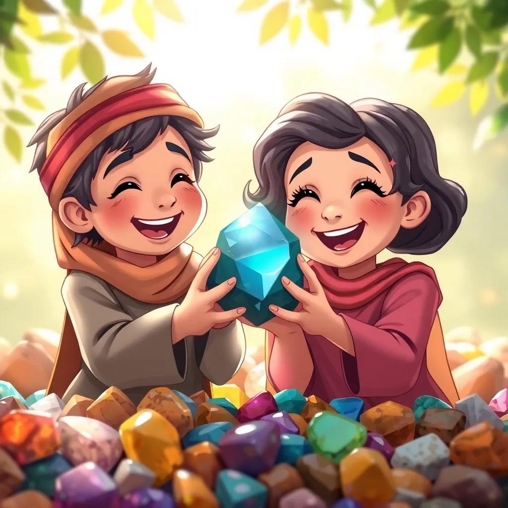Gharaam and Ghazal, excitedly holding a shiny stone, surrounded by various colorful stones in their hands, laughing together, sunlight filtering through the leaves, illustration, cheerful, warm light, child-friendly
