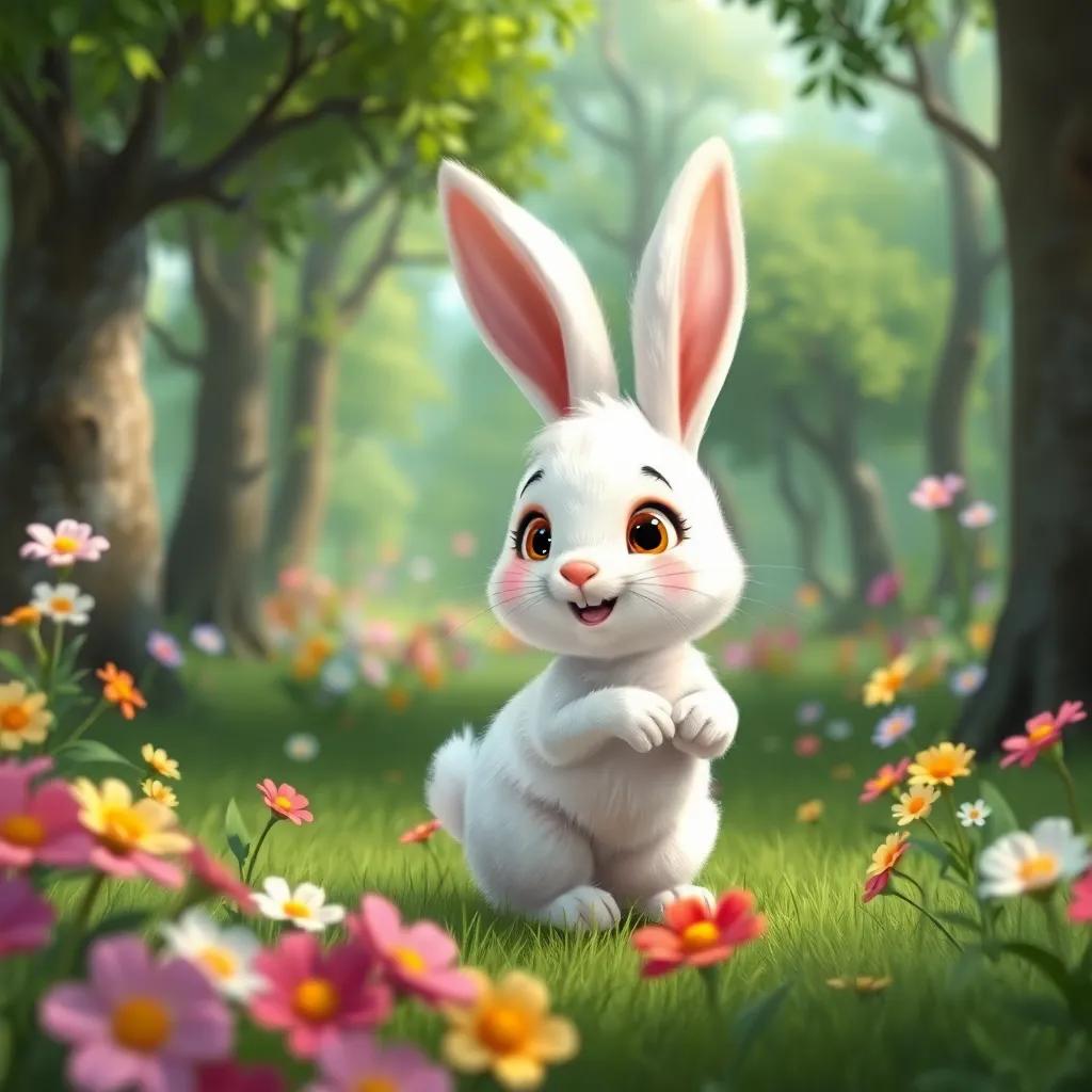A small bunny named Tutu, with fluffy white fur and big ears, playing in a green forest filled with trees and colorful flowers, digital art, cheerful atmosphere, bright colors, playful vibe, high quality