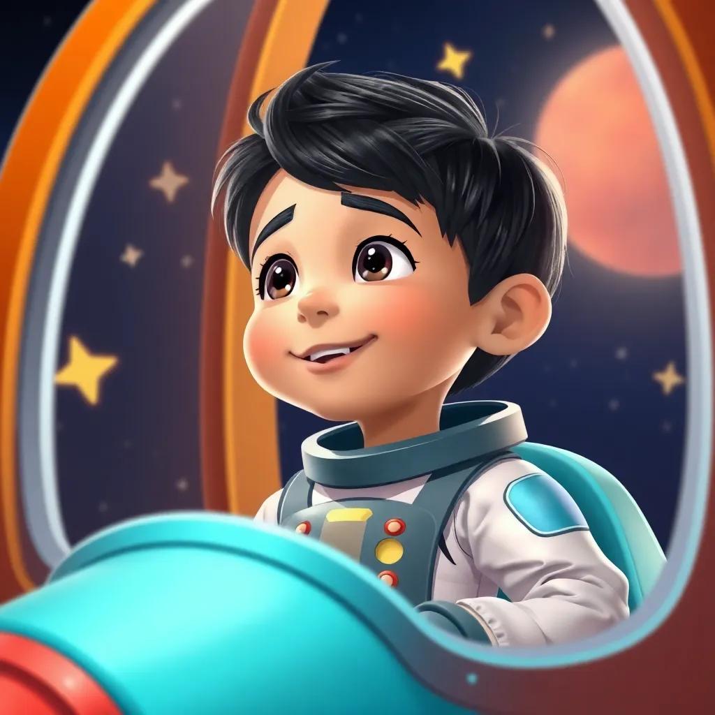 A young boy, Ali, with short black hair, wearing an astronaut suit, sitting in a colorful rocket ship looking out into space with stars around him, digital art, cheerful, bright colors, high quality