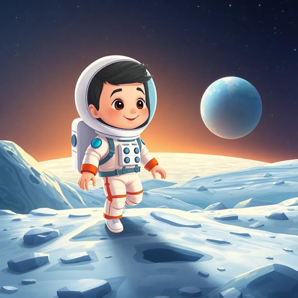 Ali, a young boy in an astronaut suit, landing on the moon, with a beautiful view of Earth in the background, rocky surface and craters, illustration, exciting, adventure-themed, child-friendly