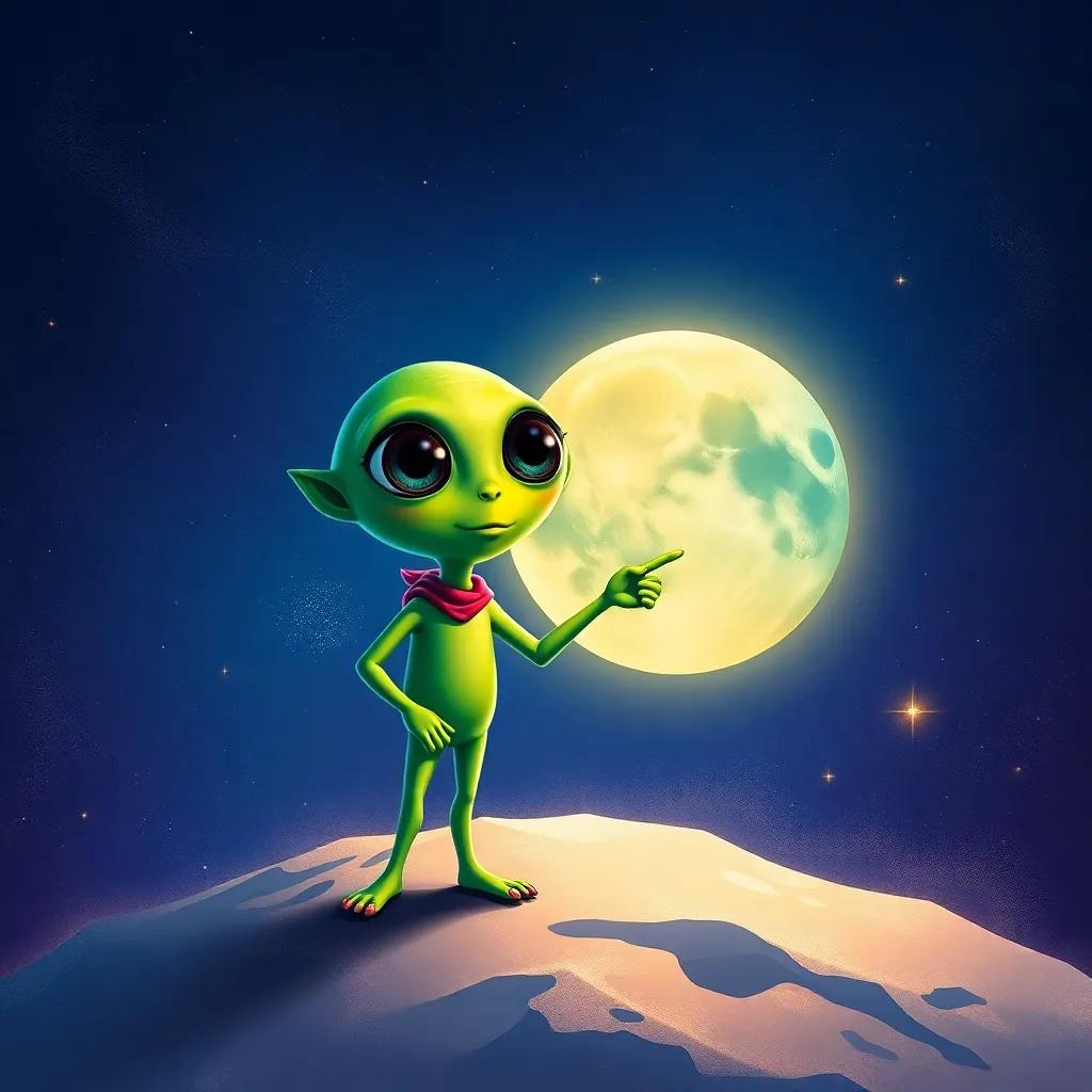 Luna, a friendly alien with green skin and big round eyes, standing next to Ali on the moon, pointing to Earth, surrounded by stars and space dust, digital painting, colorful, engaging imagery
