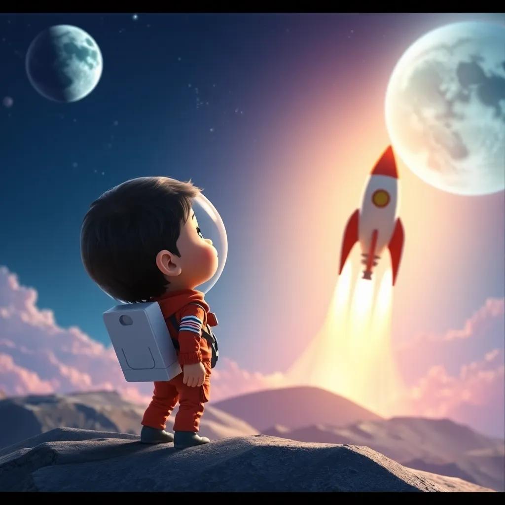 Ali, a young boy in an astronaut suit, waving goodbye to Luna as his rocket ship takes off from the moon, Earth visible in the sky, emotional, vibrant colors, uplifting scene