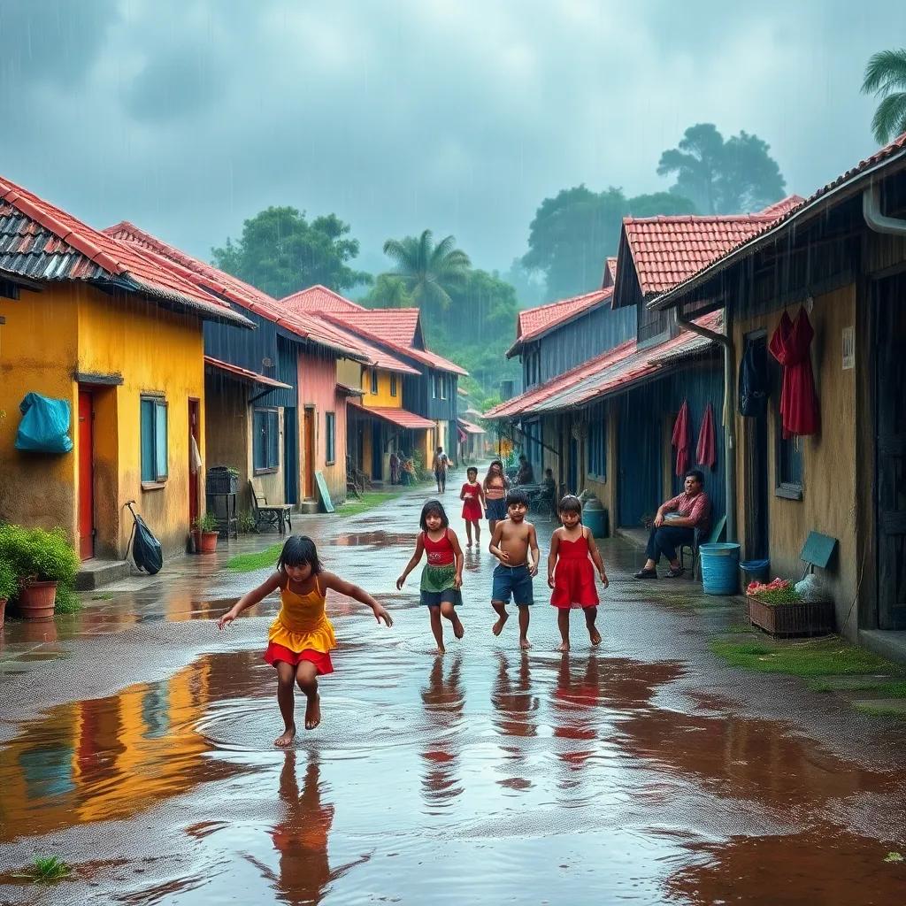 A small village with heavy rain, children playing in the puddles, cheerful atmosphere, digital art, vibrant colors, community spirit, high quality