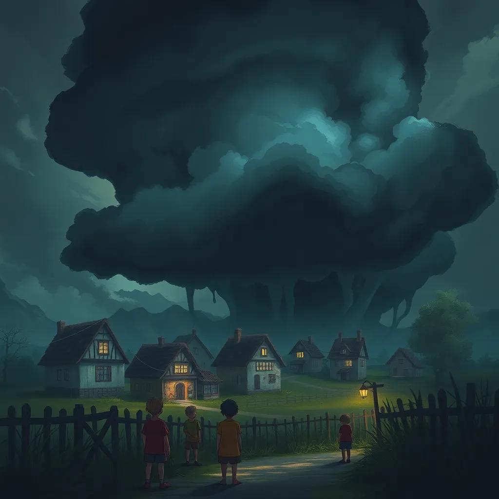 A dark cloud looming over the village, mysterious sounds echoing, children looking up in curiosity, illustration, eerie, dramatic lighting, high quality
