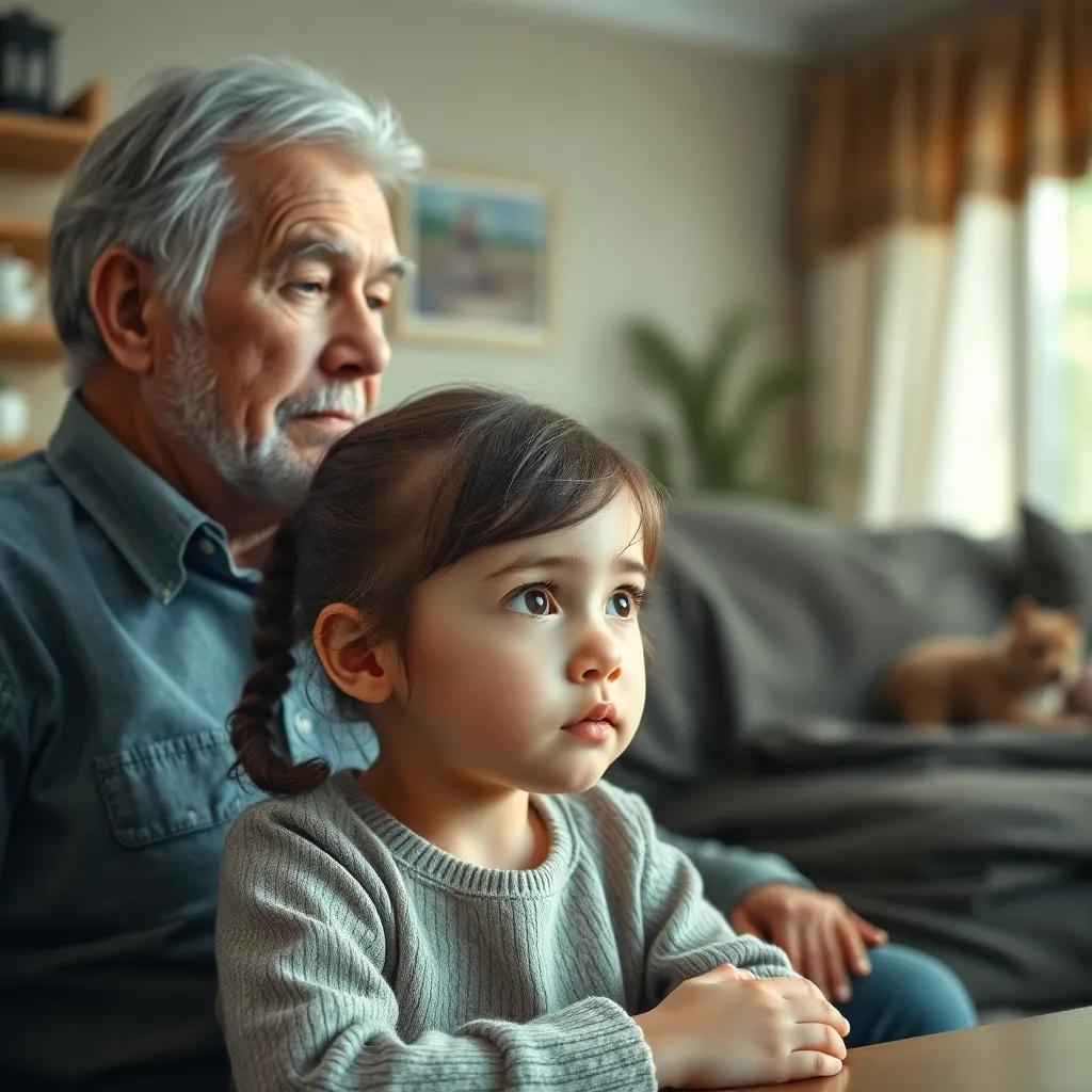 A thoughtful girl asking her grandfather for advice, looking serious yet hopeful, cozy family home backdrop, emotional atmosphere, high quality