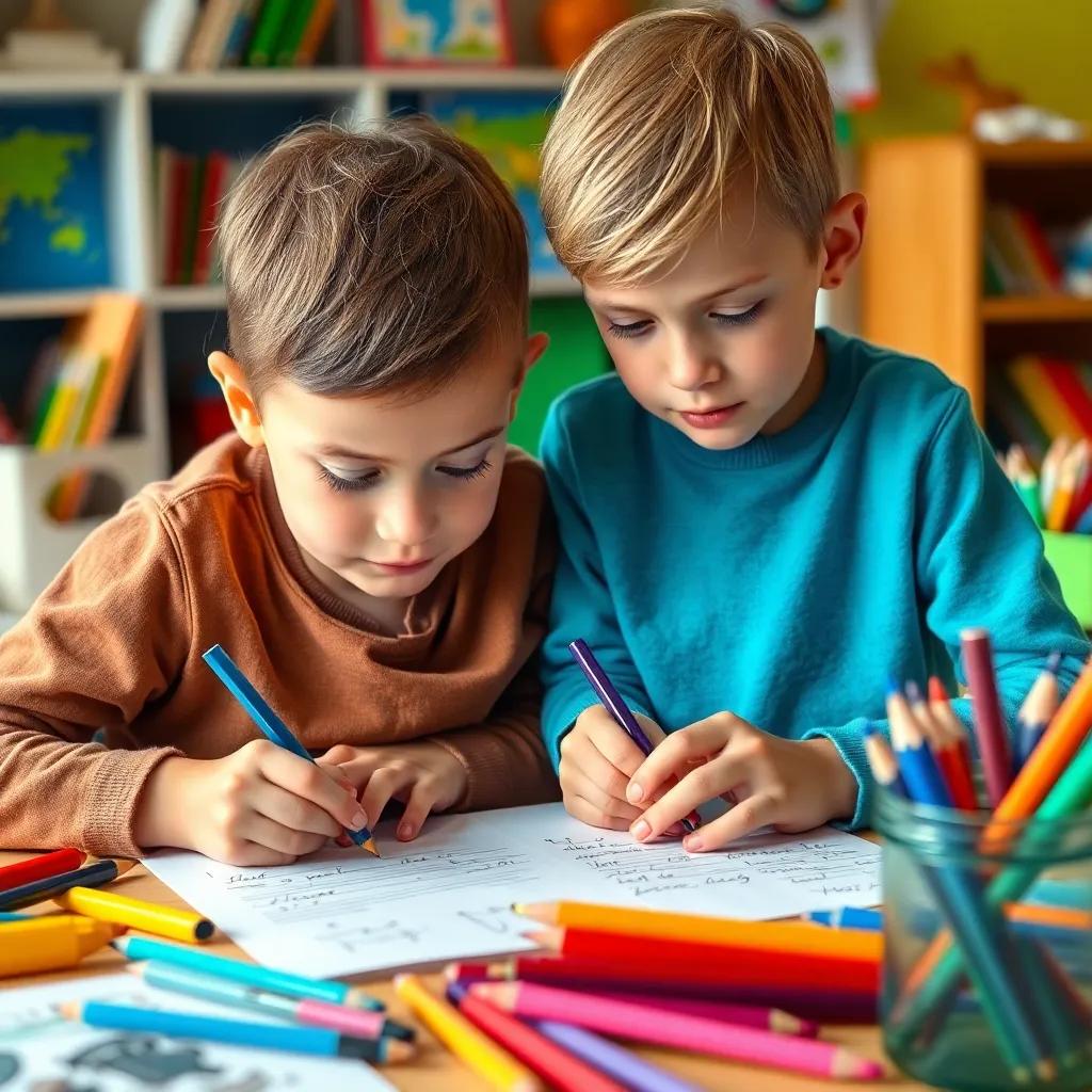 Children writing letters together, determination in their eyes, surrounded by colorful art supplies, bright and inspiring setting, high quality