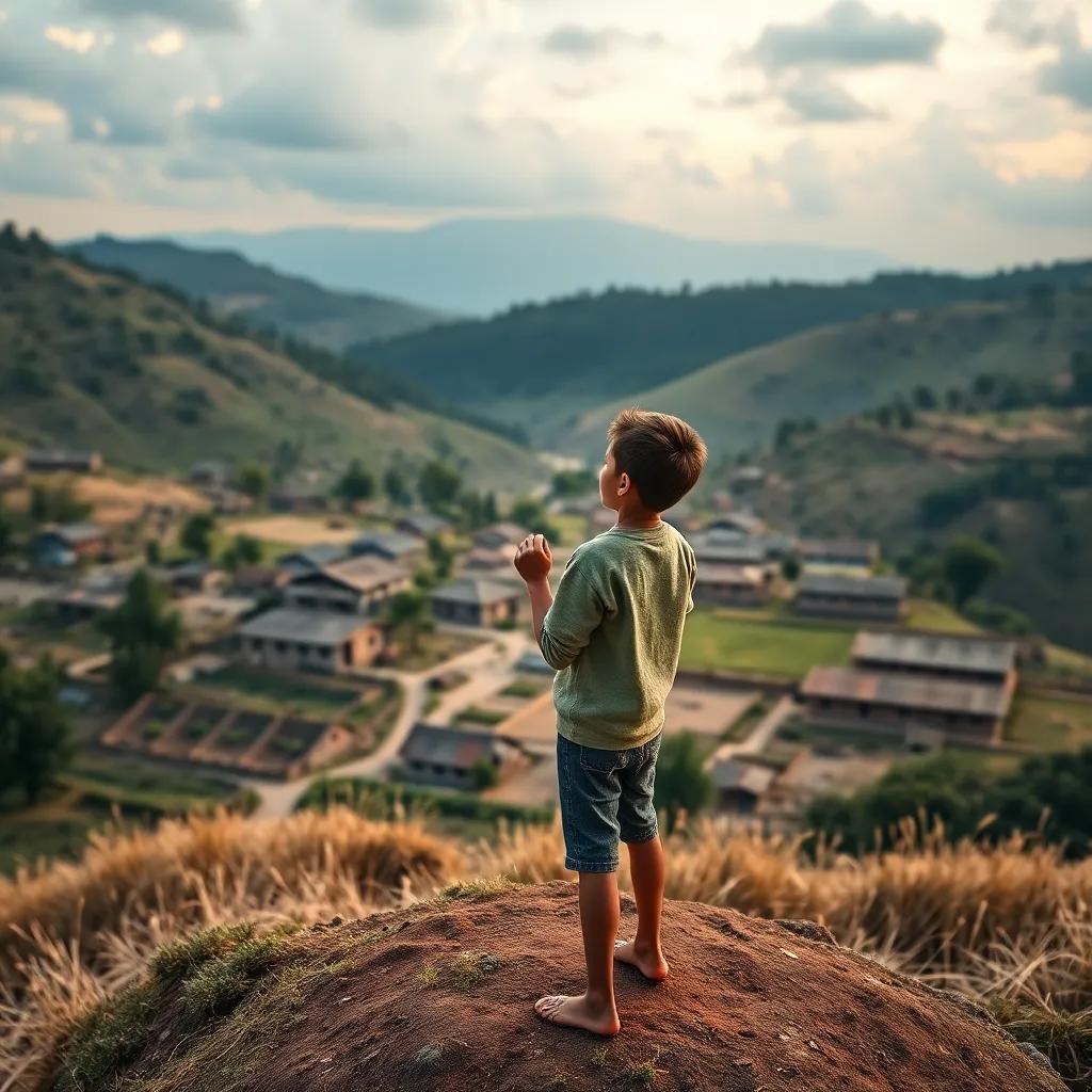 A boy inspiring the group with his words, standing on a small hill, sharing hope, with the village in the background, motivational atmosphere, high quality