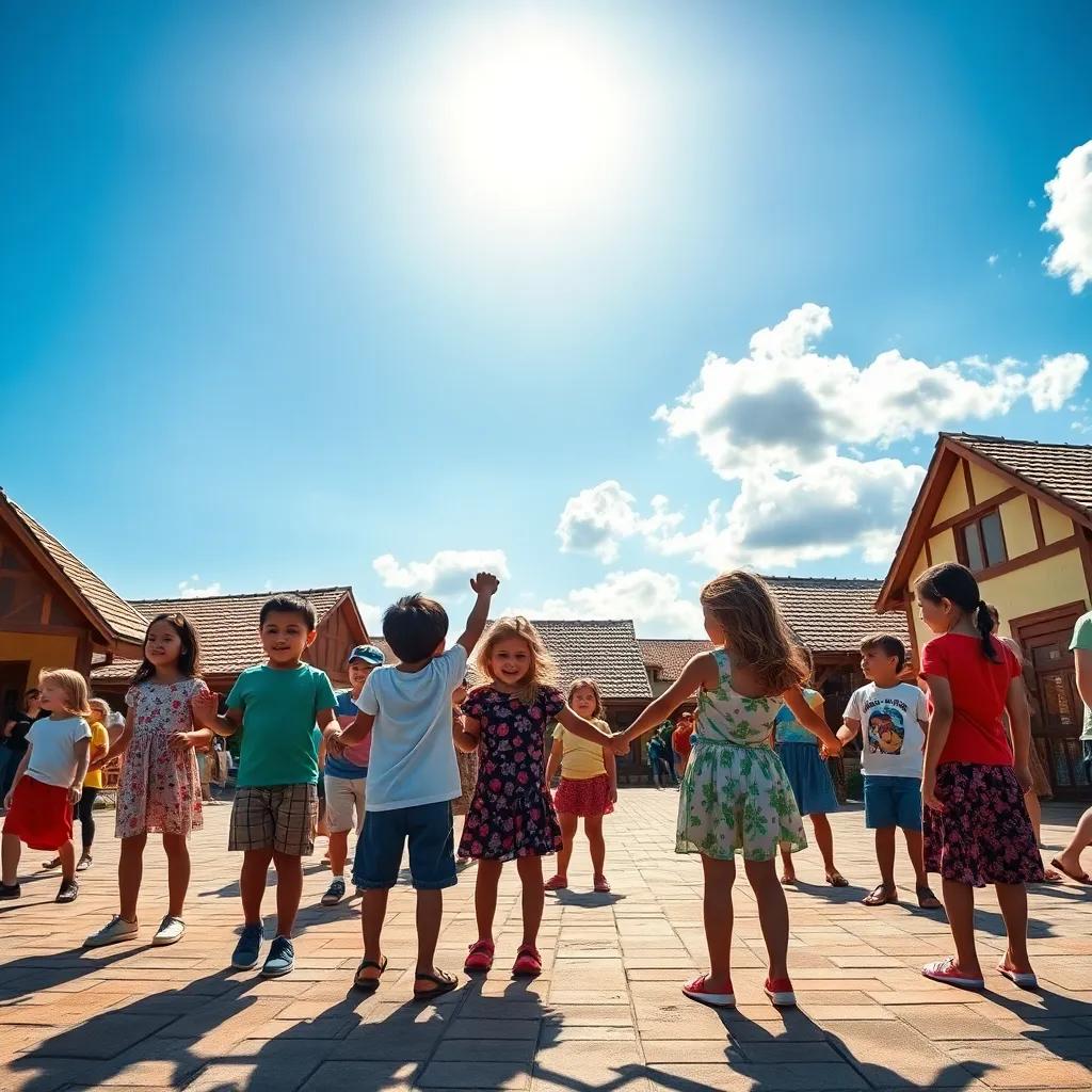 Children gathering together in the village square, holding hands, united and strong, sunny sky above, joyful and vibrant, high quality
