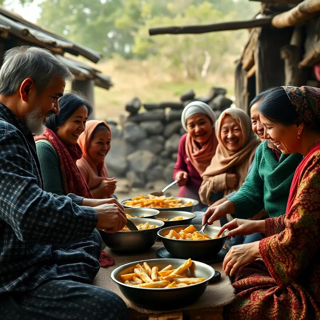 Families of the village uniting with love and warmth, cooking together, laughter filling the air, festive spirit, high quality