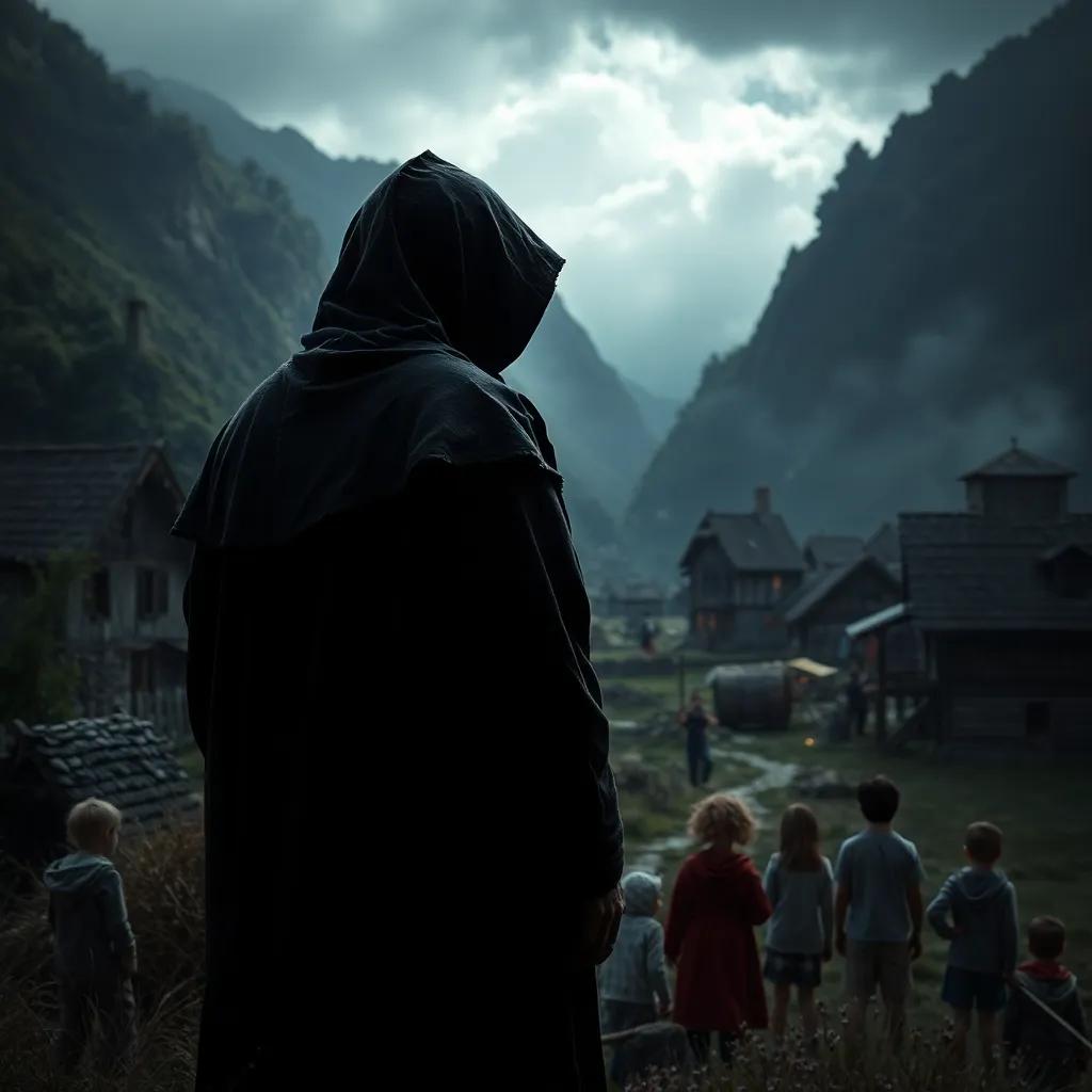 A cloaked figure watching the village from afar, intrigued by the children's bravery, dark shadows surrounding him, mysterious aura, high quality