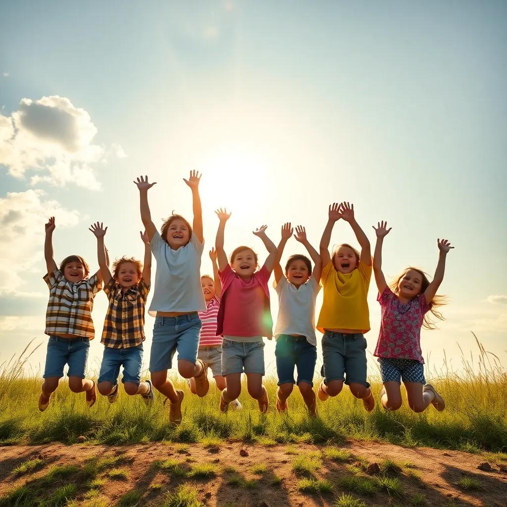 Children celebrating under the newly emerged sun, jumping with joy, colors shining bright as they cheer, victory feeling palpable, high quality