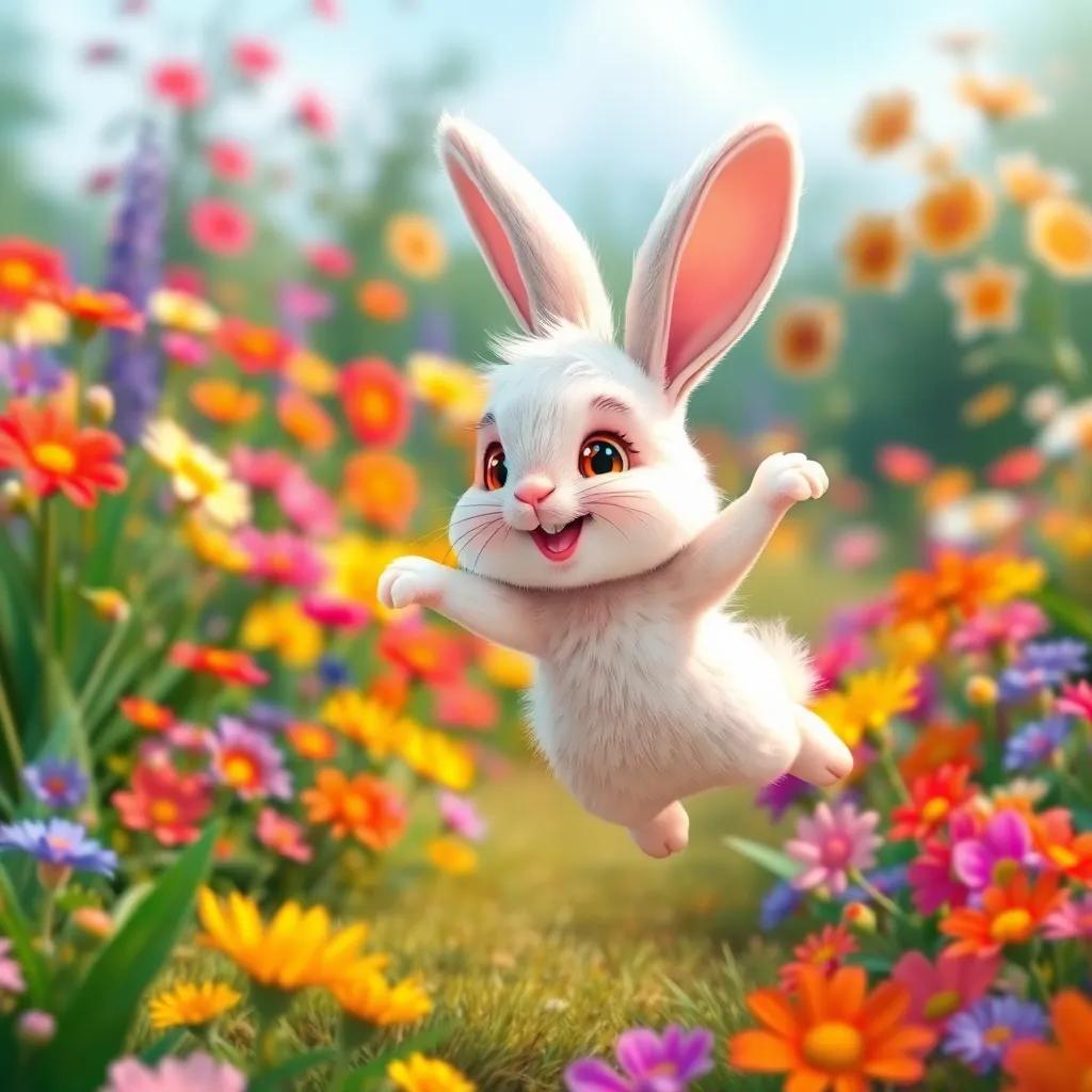 A small rabbit, Bobo, with fluffy white fur and big ears, jumping joyfully in a colorful garden full of flowers, digital art, bright colors, cheerful atmosphere, high quality
