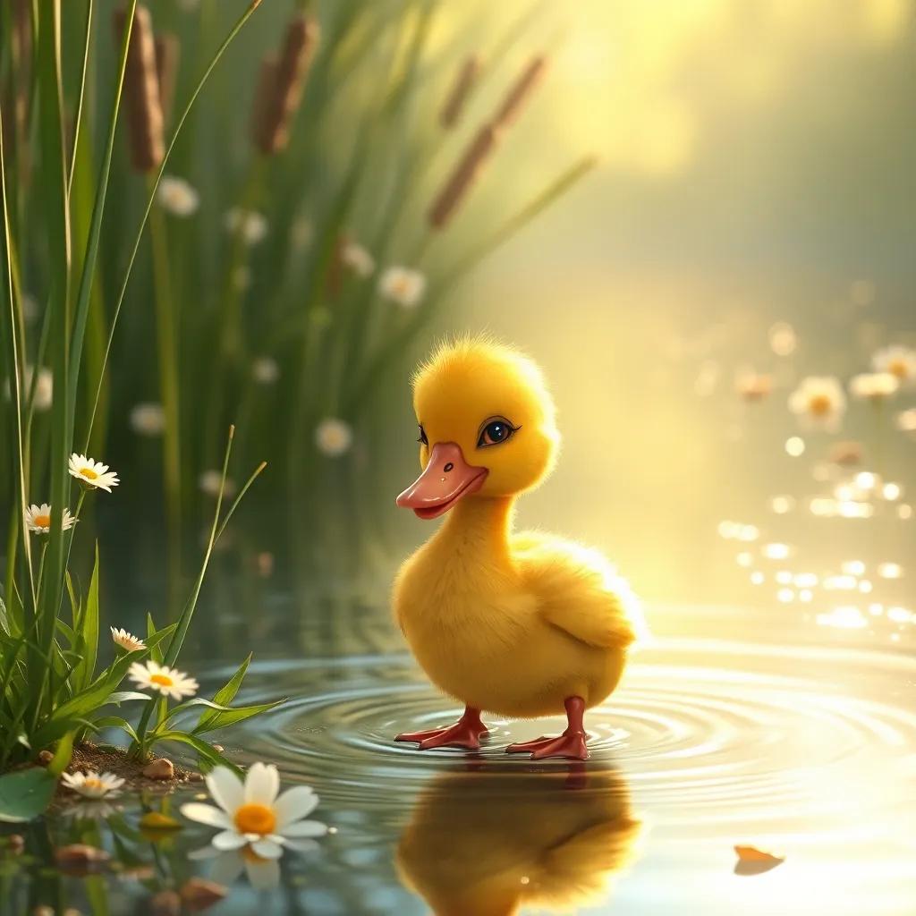 A small duck, Batta Mama, with soft yellow feathers, looking sad by a shimmering pond surrounded by reeds and flowers, gentle sunlight, digital art, inviting scenery, high quality