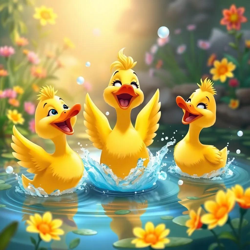 Three playful ducks, including Batta Mama with yellow feathers, splashing in the pond, with laughter and joy in the air, colorful flowers blooming around, cheerful atmosphere, illustration, vibrant colors, warm light, high quality