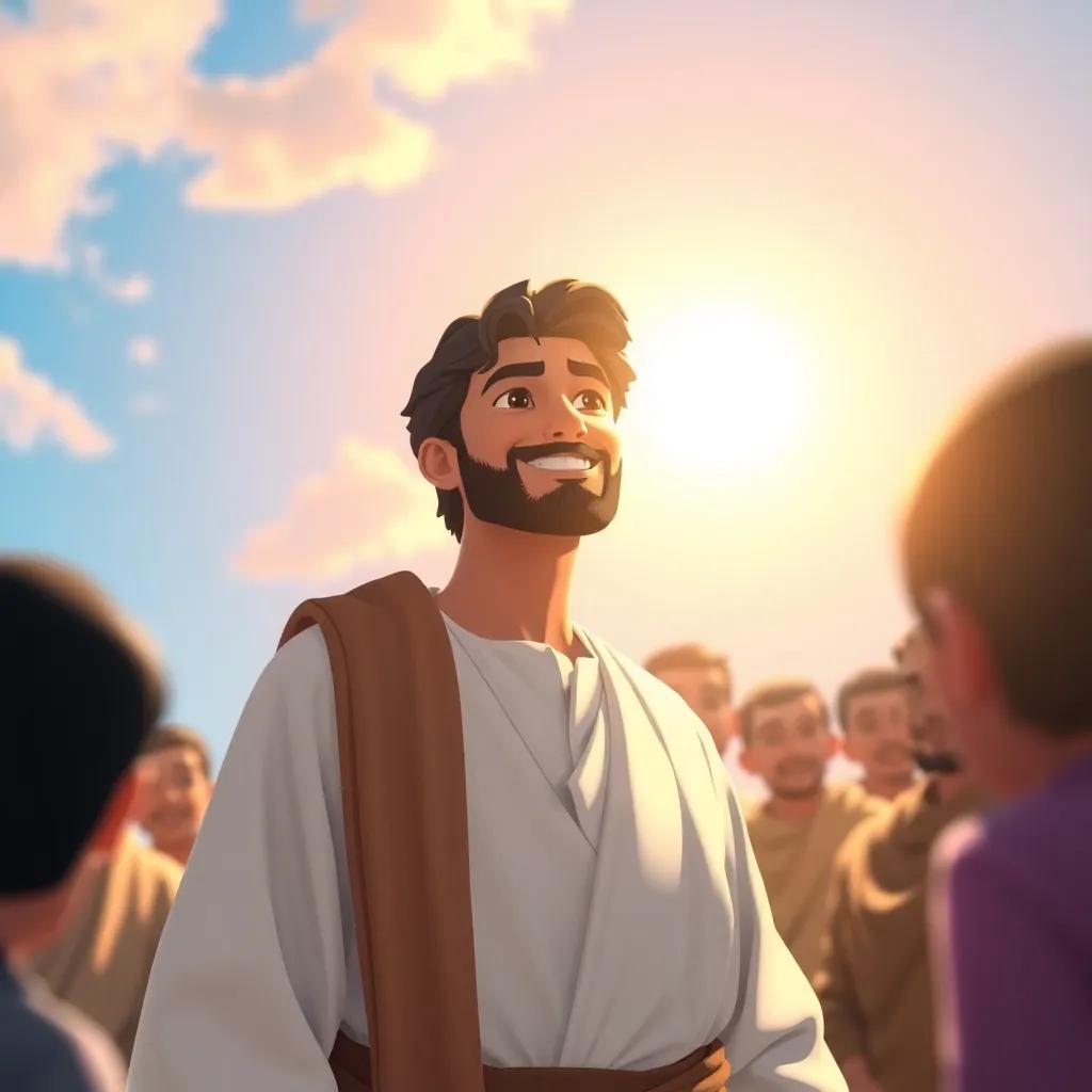 A brave man, Muhammad, a young Arab man with dark hair and a white robe, standing in the sun, surrounded by people listening to him; bright blue sky, joyful atmosphere, digital art, warm colors, inspiring scene, high quality