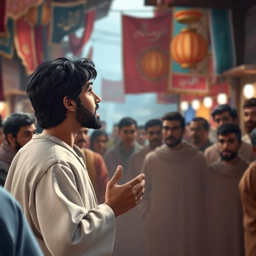 A young Arab man, Muhammad, with dark hair in a simple white robe, talking passionately to a crowd in a marketplace, people around looking curious and attentive; colorful stalls, bustling atmosphere, digital art, vibrant colors, hopeful energy, high quality