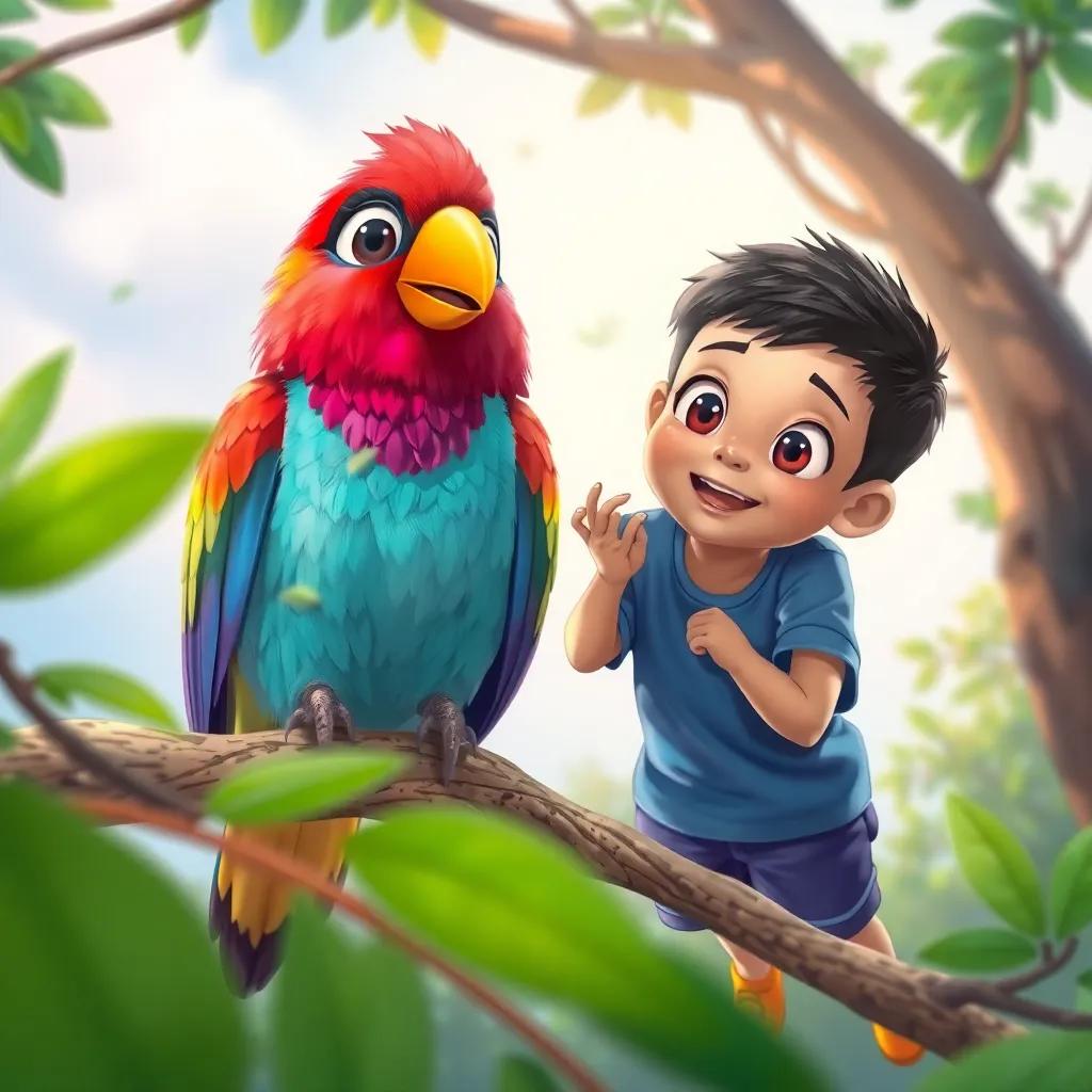 A colorful bird, with bright feathers sharing a tree branch with Sami, a young Arab boy with short black hair in a blue t-shirt and shorts, looking amazed, illustration, vibrant, friendly vibe, eye-level perspective, child-friendly