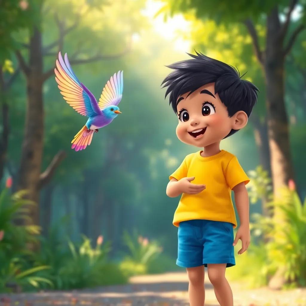 A happy boy named Omar, 5 years old, with short black hair wearing a bright yellow t-shirt and blue shorts, looking excitedly at a colorful magical bird flying in a sunny green forest, digital art, vibrant colors, cheerful atmosphere, high quality