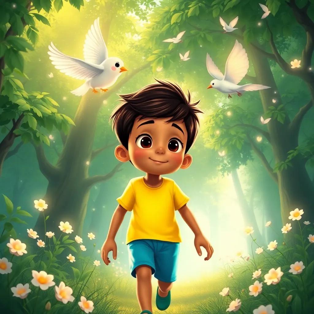 Omar, a 5-year-old boy with short black hair in a bright yellow t-shirt and blue shorts, following the magical bird through lush trees as it sings, surrounded by sparkling light and soft flowers, illustration, lively and engaging, storytelling view, child-friendly