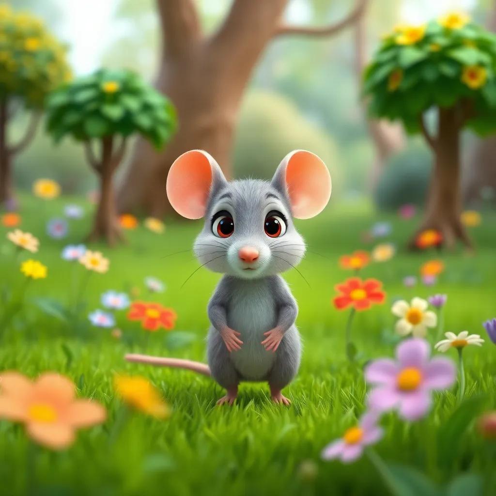 A small mouse, Marwan, with soft gray fur and large eyes, standing in a vivid green forest, with colorful flowers and trees, digital art, cheerful scene, bright and inviting atmosphere, child-friendly