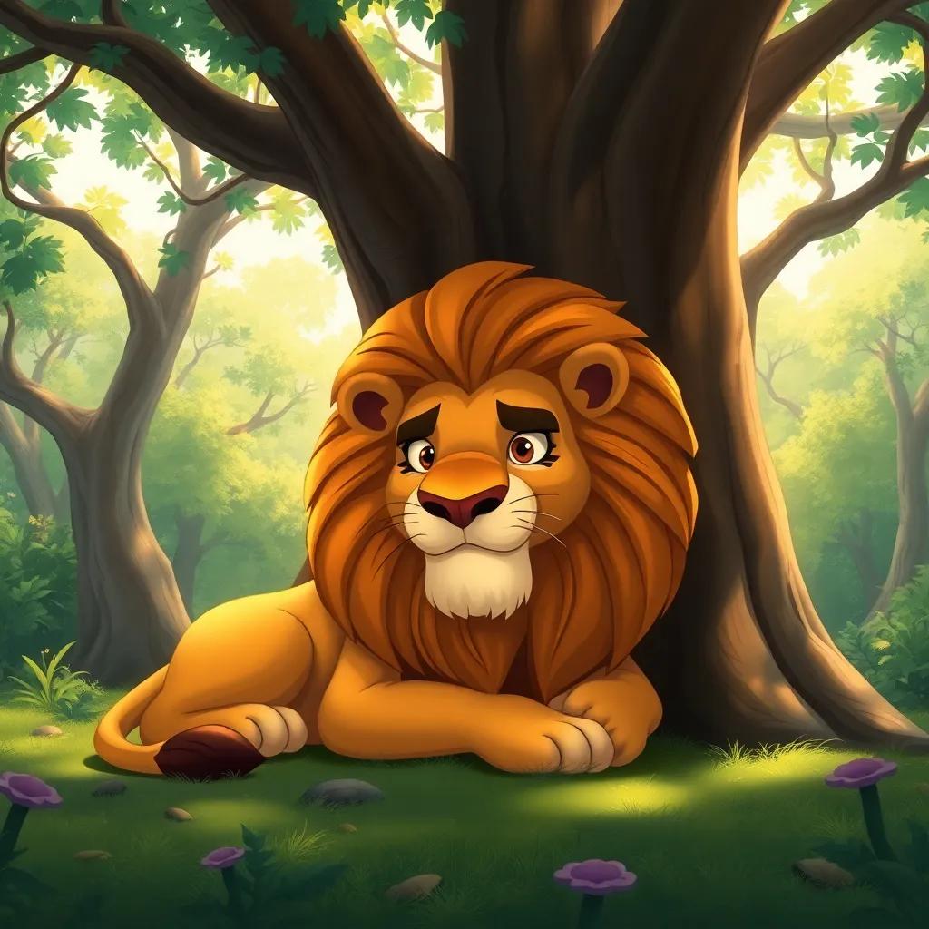 A big lion, with a golden mane and fierce eyes, laying under a big tree, surrounded by a lush forest, light filtering through the leaves, illustration, warm colors, peaceful setting, child-friendly