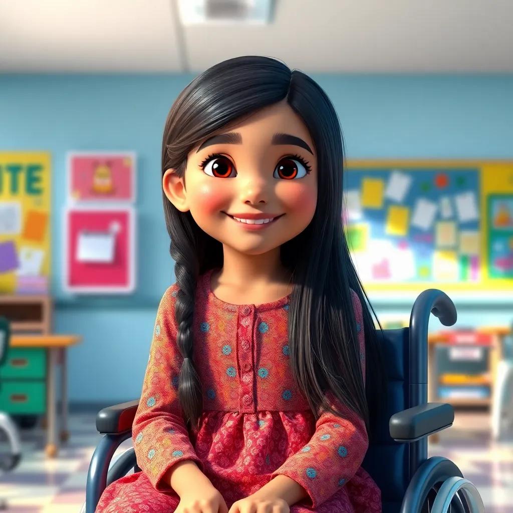 A young Arab girl, Leila, with long, dark hair, wearing a colorful dress, sitting in a wheelchair with a brave smile, under a bright classroom with colorful posters, cheerful atmosphere, digital art, high resolution