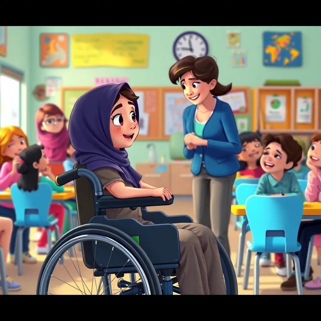 Leila, a young Arab girl in a wheelchair, talking to a teacher in a classroom filled with supportive friends, feeling empowered and happy, bright and colorful environment, illustration, uplifting