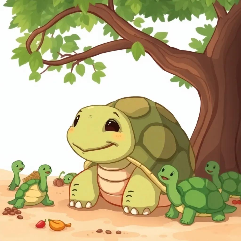 A lazy tortoise named Marwa, sitting under a shady tree, with a relaxed expression, surrounded by other busy tortoises collecting food, cheerful atmosphere, cartoon style, soft colors, high detail