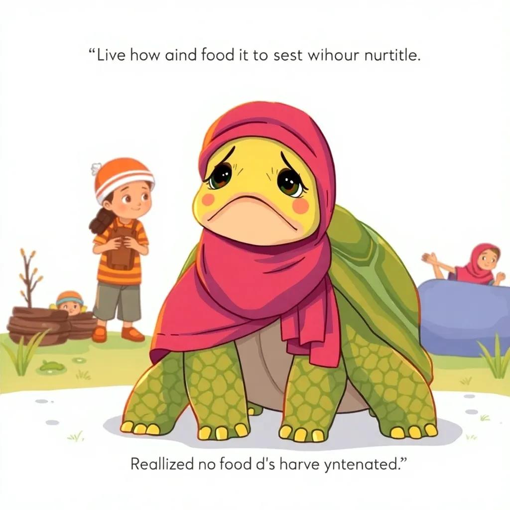 Marwa the tortoise, looking sad and empty, realizing she has no food for winter, her friends working hard in the background, bright colors, emotional moment, warm light, illustration, storytelling view