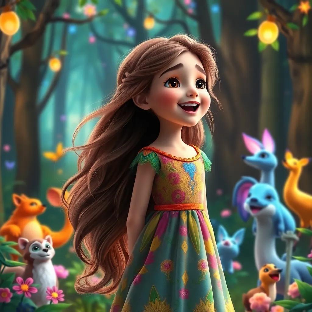 A beautiful young girl, Leila, with long, flowing hair, wearing a colorful dress, standing in a magical forest, singing joyfully surrounded by colorful animals, digital art, vibrant colors, enchanted atmosphere, high quality