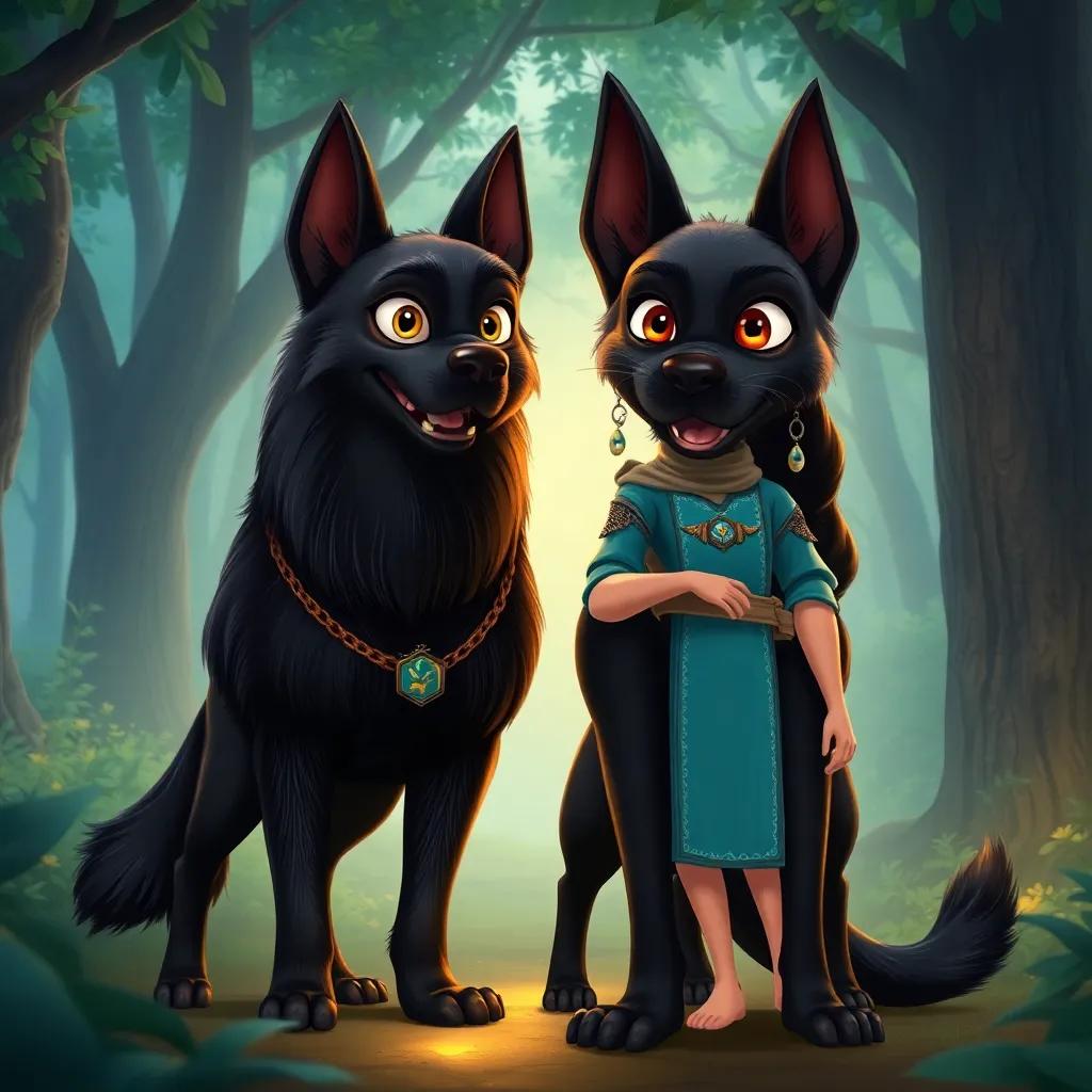 A large black dog, a servant of the king of the jinn, with shiny fur and bright eyes, is standing next to Leila in the magical forest, friendly expression, conveying adventure, digital illustration, captivating and cheerful, high quality