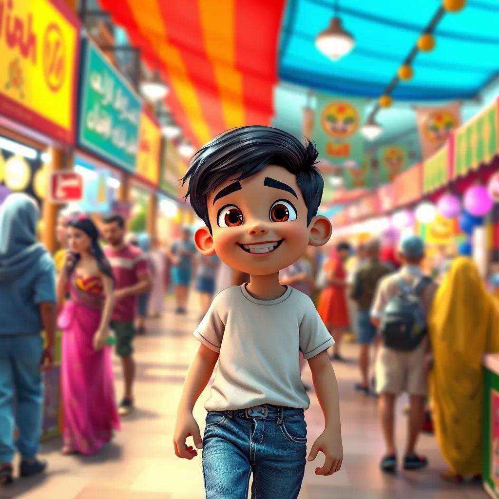 A young Arab boy, Ali, with short black hair, wearing a simple t-shirt and jeans, happily walking in a bustling market filled with colorful stalls and people, digital art, vibrant colors, joyful atmosphere, high quality