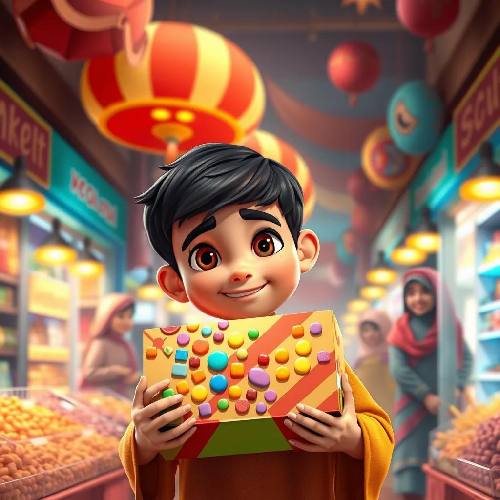 Ali, a young Arab boy, with short black hair, in the market holding a big colorful candy box, surrounded by cheerful shopkeepers, warm lighting, colorful display, child-friendly, high quality