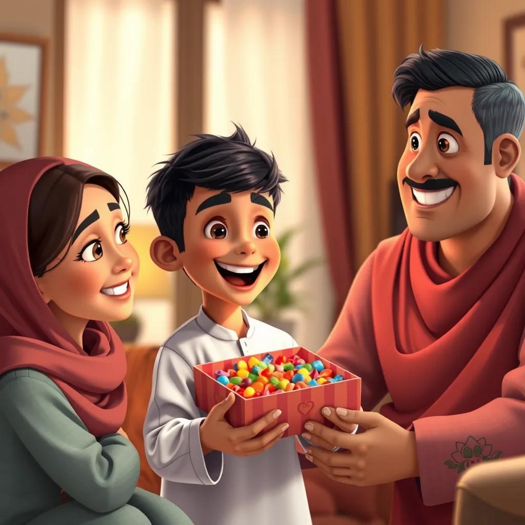 Ali, a young Arab boy, with short black hair, excitedly presenting a colorful candy box to his parents, who are smiling and surprised, cozy living room, warm light, heartwarming scene, high quality