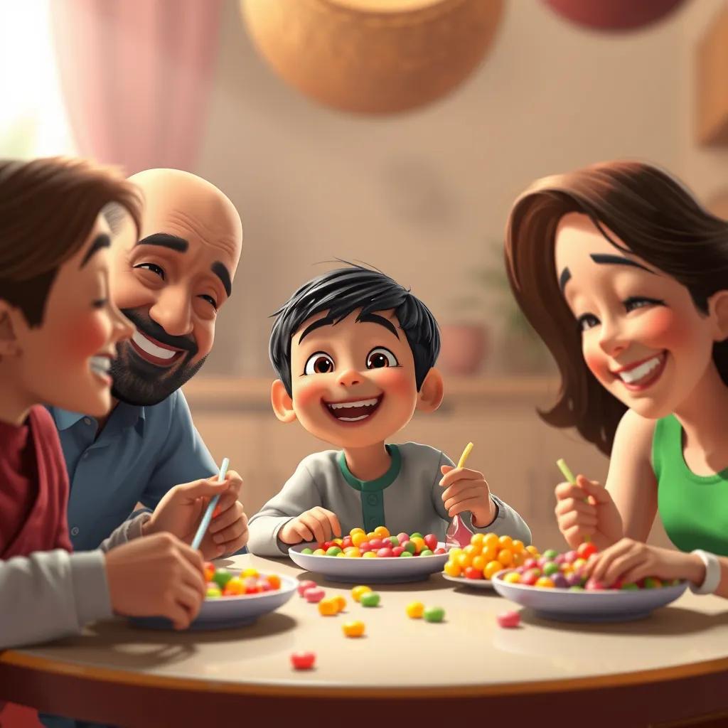 Ali, a young Arab boy, with short black hair, sitting at a table with his parents, all enjoying colorful candies and laughing, soft light, cheerful atmosphere, family time, high quality