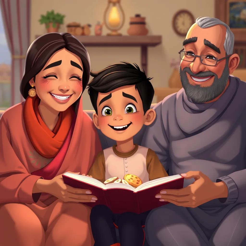 Ali, a young Arab boy, with short black hair, happily sitting with his parents as they share stories and treats, cozy home setting, warm colors, togetherness, high quality