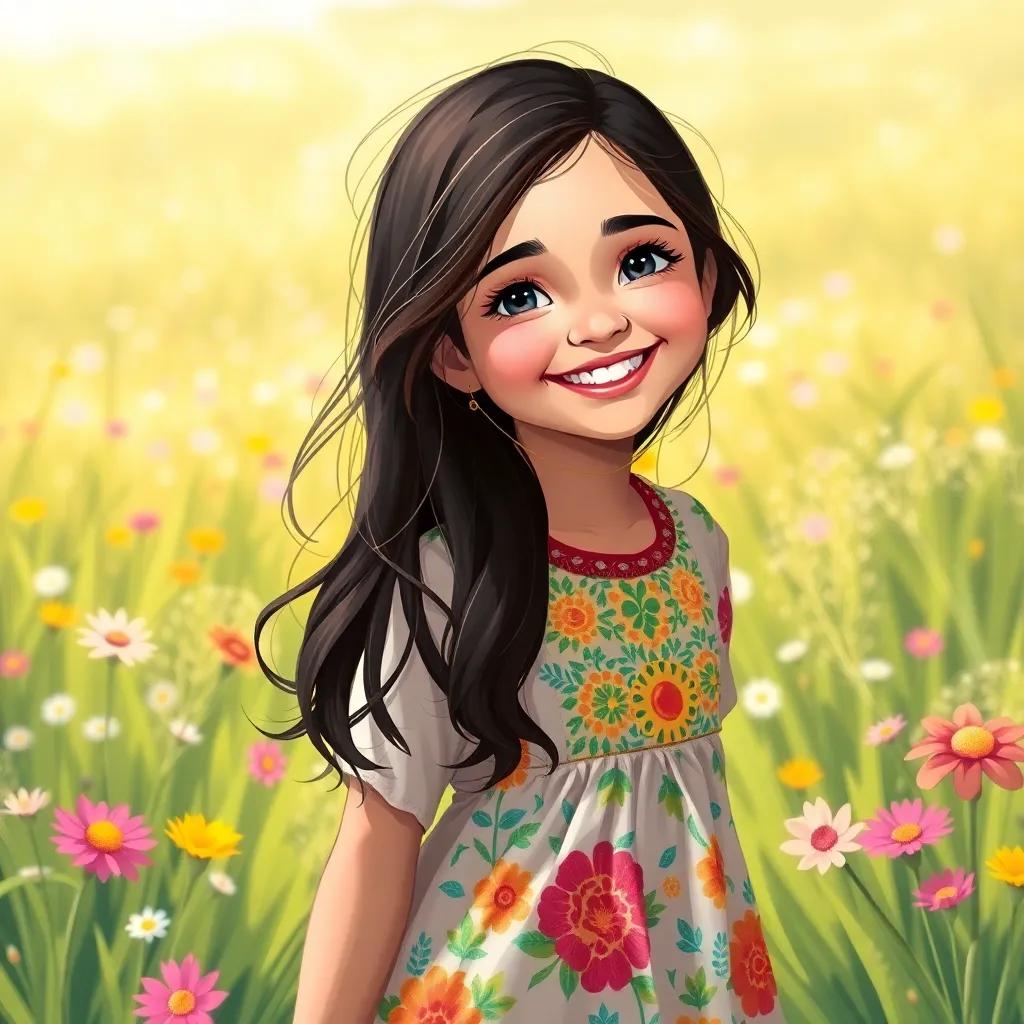 A young Arab girl, Noura, with long, dark hair, wearing a colorful dress, standing excitedly in a sunny meadow with flowers, digital art, cheerful, bright colors, engaging vibe, high quality