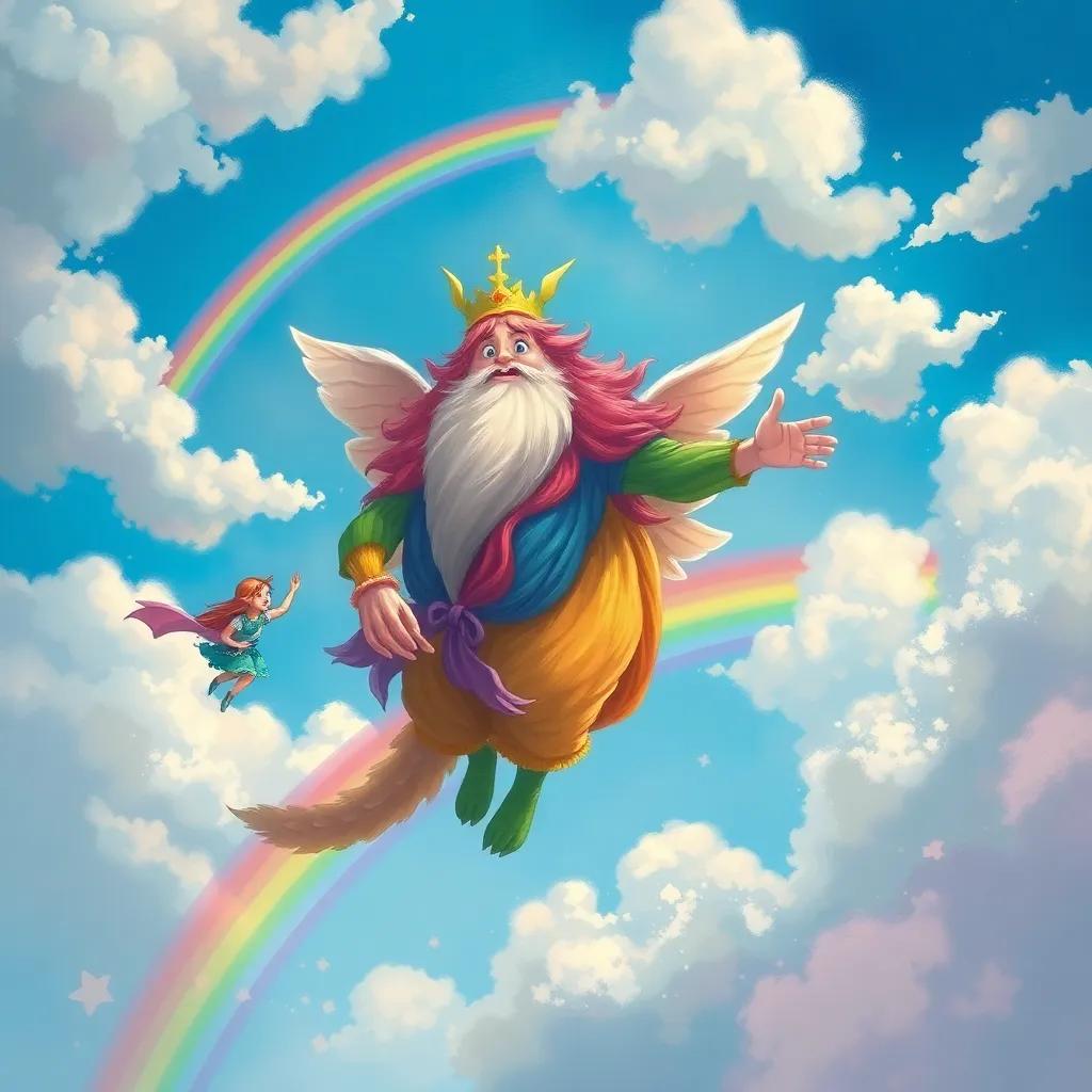 A magical giant, with vibrant colors, holding Noura's hand, soaring through a blue sky with fluffy white clouds and a rainbow, illustration, enchanting, colorful atmosphere, child-friendly