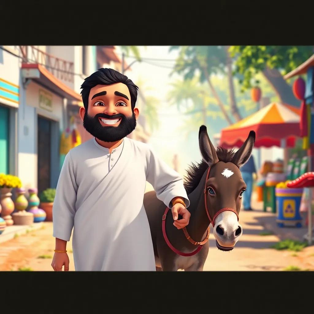 A happy man, Jha, with a beard wearing a traditional white thobe, walking beside a small donkey on a sunny village road, colorful market stalls in the background, detailed digital art, cheerful atmosphere, high quality