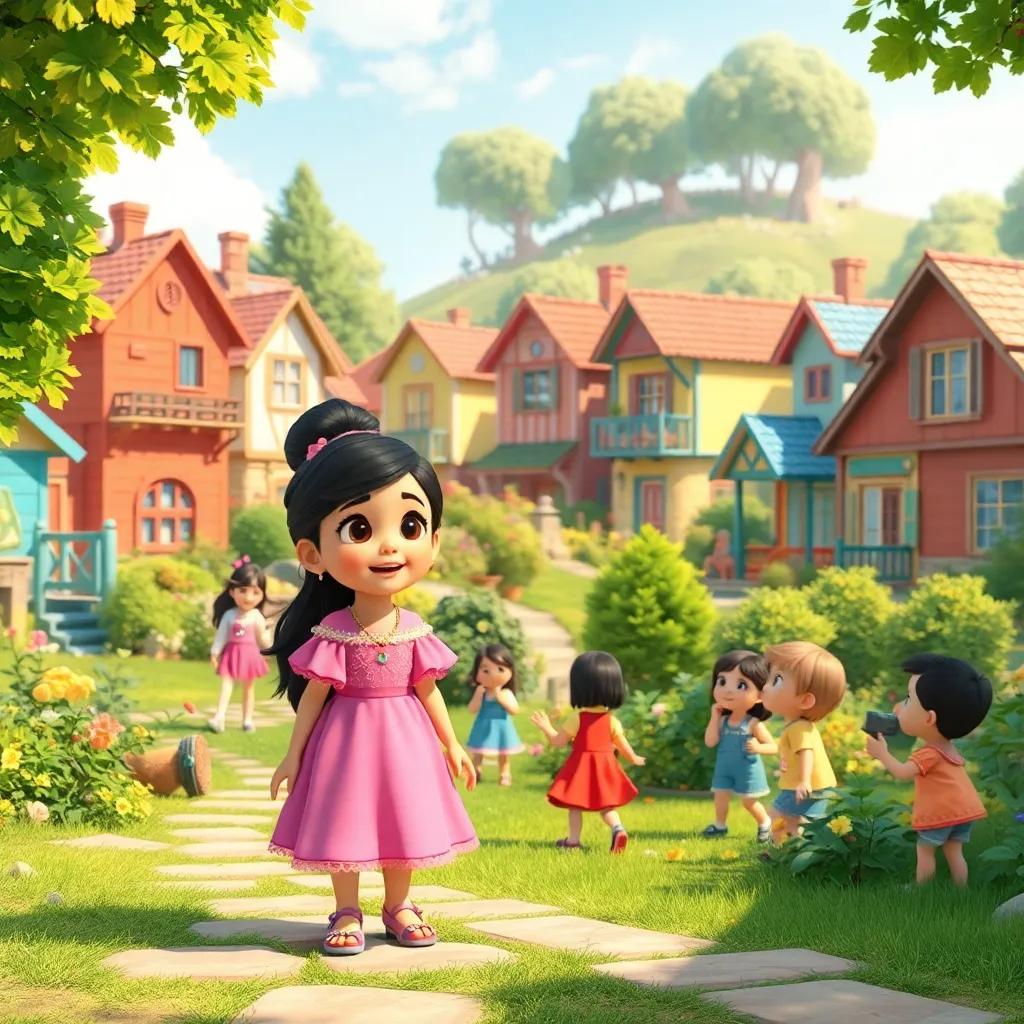 A small village with colorful houses, children playing in a garden, a girl named Leila wearing a beautiful pink dress, laughter in the air, cheerful atmosphere, bright sunlight, vibrant colors, digital art, high quality