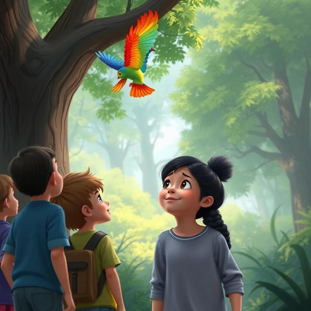 A colorful bird flying above a tree in a forest, children watching in awe, excitement on their faces, a girl named Leila looking determined, nature background, lively scene, digital painting, realistic, uplifting