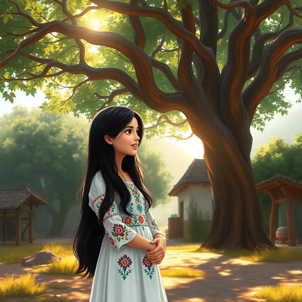 A young Arab girl, Leila, with long black hair wearing a white dress with colorful patterns, talking to her friend under a large tree in a small village, sunlight filtering through the leaves, cheerful atmosphere, digital art, vibrant colors, warm light, storytelling view, high quality