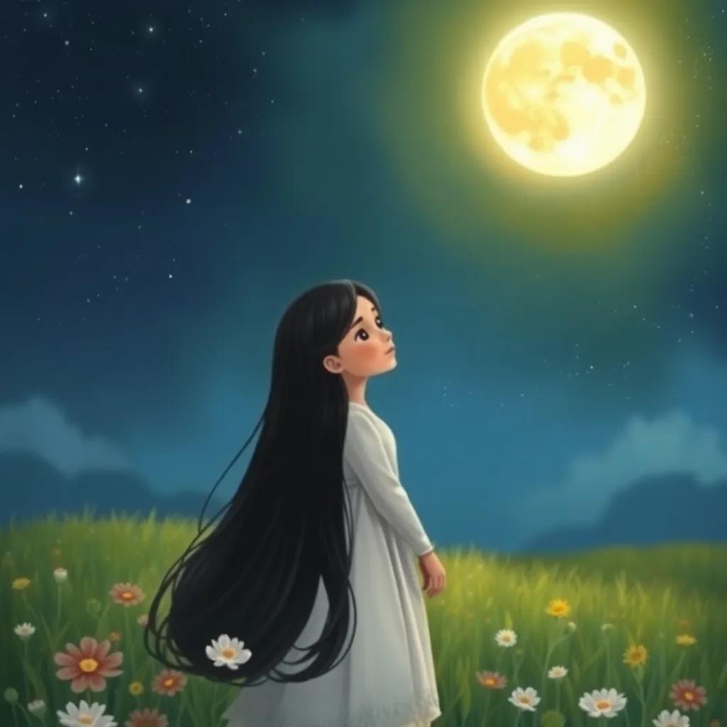A big bright moon shining in the sky above Leila, a young Arab girl with long black hair in a white dress, standing in a green field with flowers, night sky filled with stars, magical ambiance, illustration, dreamy, child-friendly, high quality