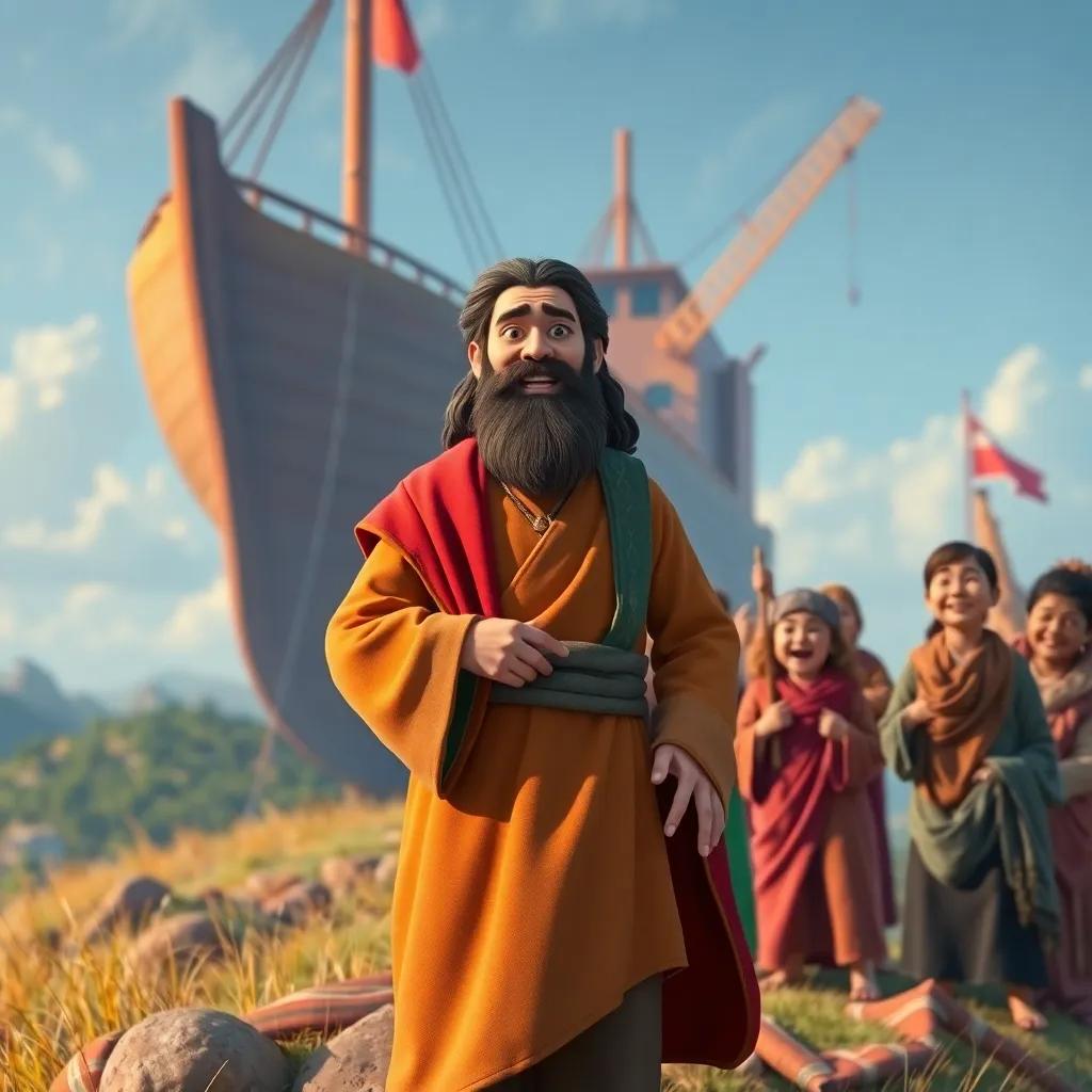 A righteous man, Noah, in traditional clothing, standing on a hill with a group of people who are laughing and pointing at him, construction of a large boat in the background, digital art, vibrant colors, emotional scene, community atmosphere, high quality