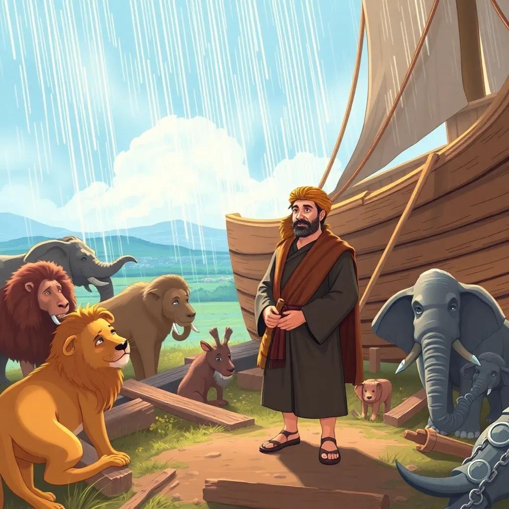 Noah, a righteous man, in traditional clothing, building a giant boat with tools, animals like lions and elephants nearby, rain beginning to fall, illustration, hopeful mood, detailed visuals, family-friendly