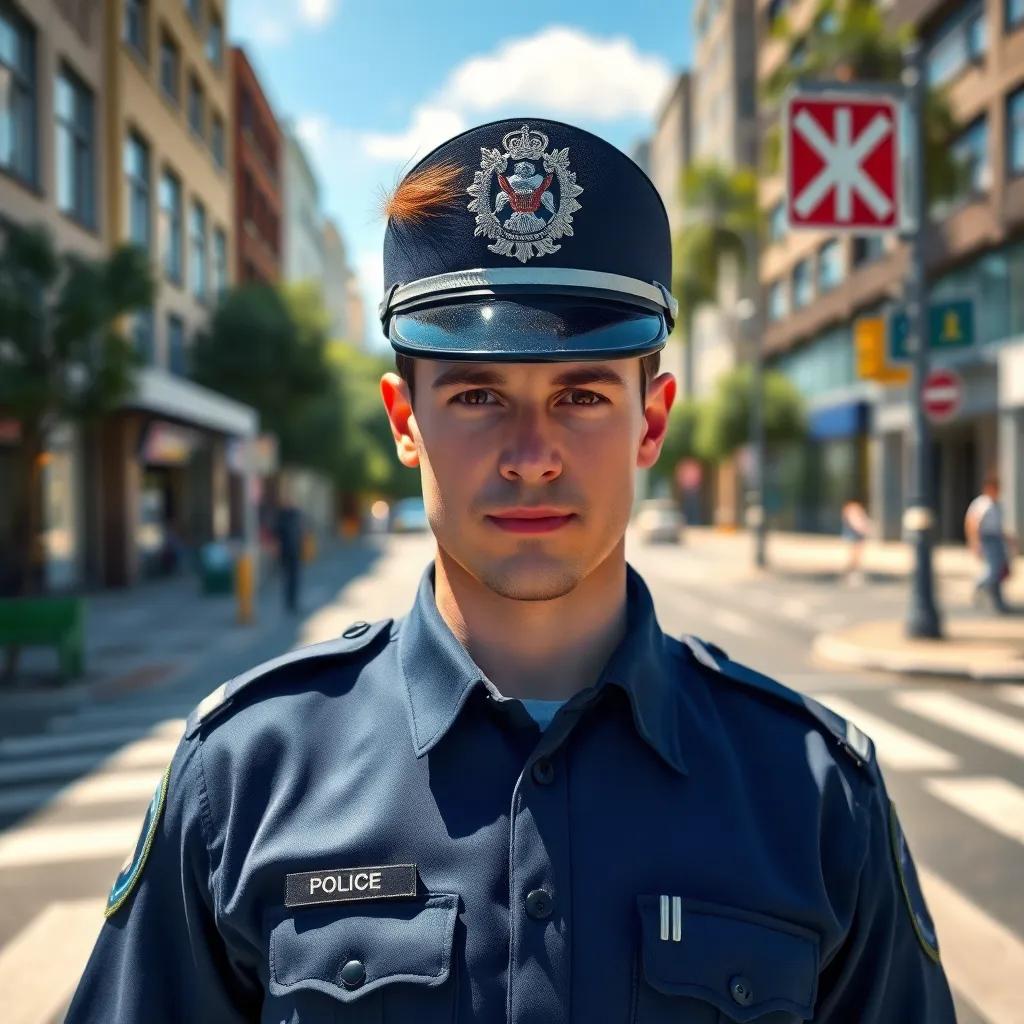 A brave traffic police officer, Sami, in a police uniform, with short hair and a determined expression, standing in a sunny street near a crossing, digital art, vibrant colors, cheerful atmosphere, perspective of a city scene, high quality