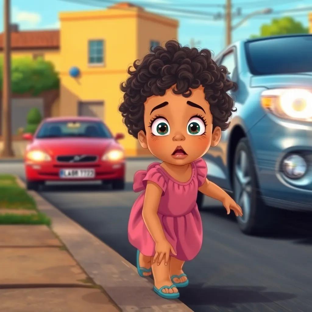 A child, Nour, with curly hair and a pink dress, is playing near the street, as a speeding car approaches, surprised expression, colorful surroundings, illustration, tension in the scene, warm light, storybook quality